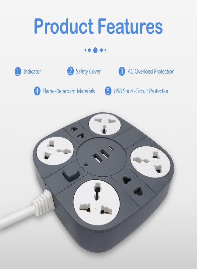 ADDMAX Extension Board with USB | 6 Power Sockets, 2 USB Ports + 1 Type-C Port | 1.8M Heavy Duty Cord | 10A 220V Multi Plug Extension Cord | Fireproof Power Strip for Home, Office & Laptop - Grey - Image 3